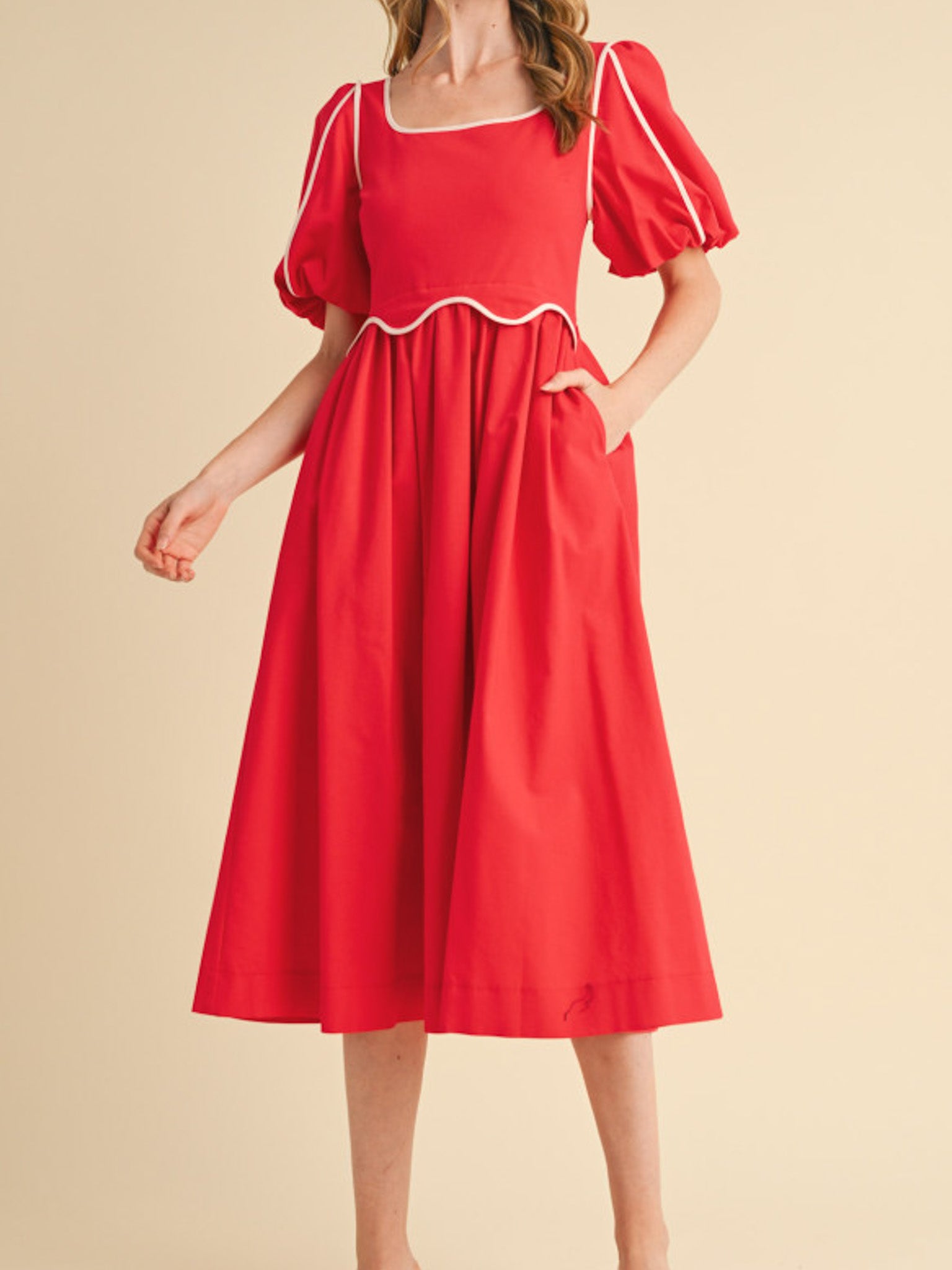 Red Scallop Midi Dress - Image 2